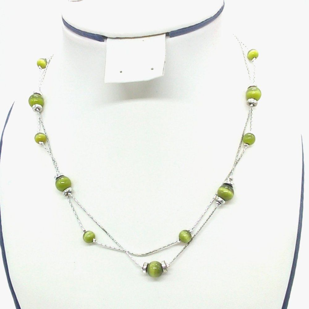 Kim Rogers Necklace Double Strand Green Cat's Eye Station Beaded Necklace Silver